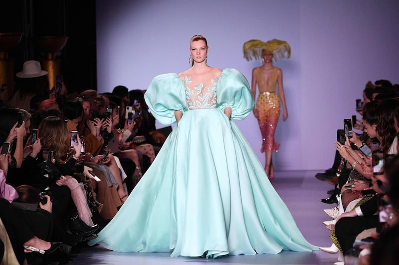 A look from the Georges Hobeika spring / summer 2020 show at Paris Haute Couture Fashion Week on January 20, 2020. AFP