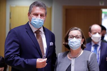 EU Commission vice president Maros Sefcovic (L) and Portugal's European Affairs Secretary Ana Paula Zacarias before the European Affairs ministers council meeting in Brussels. EPA