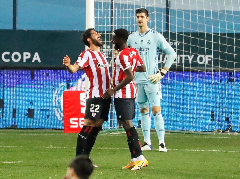 Athletic Bilbao's Raul Garcia celebrates with Inaki Williams after scoring against Real Madrid. Reuters