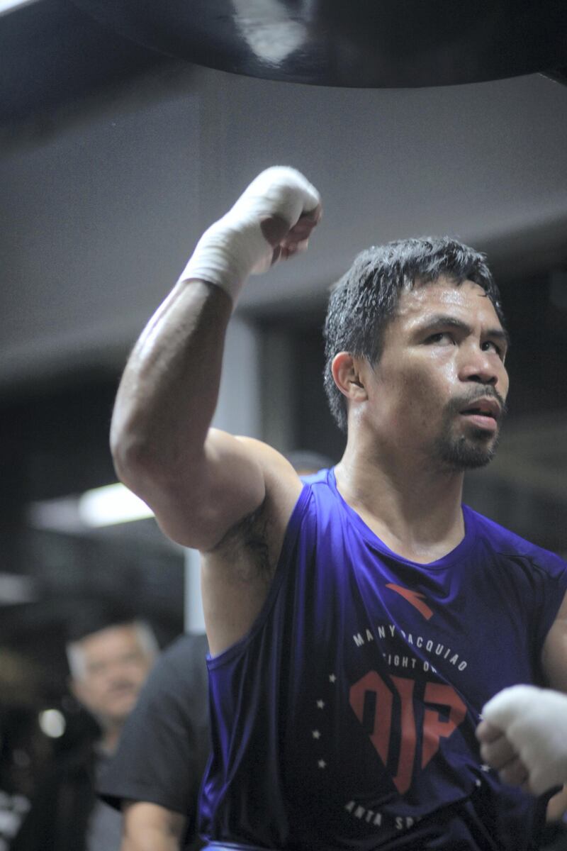 Eight-division boxing champion and Philippine Senator Manny Pacquiao trains for his upcoming fight against Adrien Broner at the Elorde Boxing Gym in Pasay City, Metro Manila.