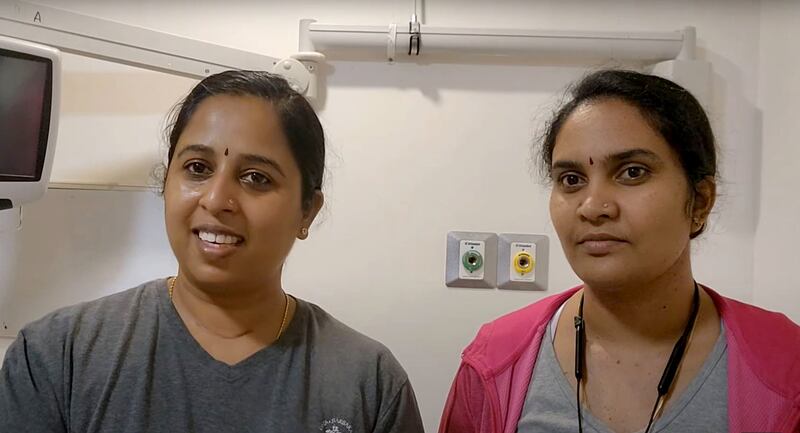 Indian nurses Sabitha Baby, left, and Meera Mohanan have been praised for their courage in keeping an elderly Israeli couple safe during the Hamas attack on October 7. Photo: Sabitha Baby