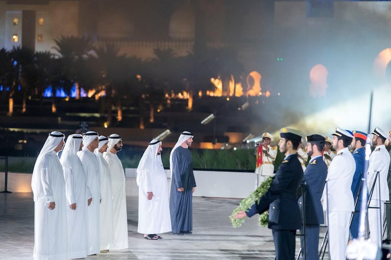 ABU DHABI, UNITED ARAB EMIRATES - November 30, 2019: (L-R) HH Sheikh Saud bin Rashid Al Mu'alla, UAE Supreme Council Member and Ruler of Umm Al Quwain, HH Sheikh Hamad bin Mohamed Al Sharqi, UAE Supreme Council Member and Ruler of Fujairah, HH Sheikh Saud bin Saqr Al Qasimi, UAE Supreme Council Member and Ruler of Ras Al Khaimah, HH Sheikh Humaid bin Rashid Al Nuaimi, UAE Supreme Council Member and Ruler of Ajman, HH Sheikh Mohamed bin Rashid Al Maktoum, Vice-President, Prime Minister of the UAE, Ruler of Dubai and Minister of Defence, HH Dr Sheikh Sultan bin Mohamed Al Qasimi, UAE Supreme Council Member and Ruler of Sharjah and HH Sheikh Mohamed bin Zayed Al Nahyan, Crown Prince of Abu Dhabi and Deputy Supreme Commander of the UAE Armed Forces, stand for a group photograph during a Commemoration Day ceremony, at Wahat Al Karama, a memorial dedicated to the memory of UAE’s National Heroes in honour of their sacrifice and in recognition of their heroism.

( Abdullah Al Junaibi for  Ministry of Presidential Affairs )
---