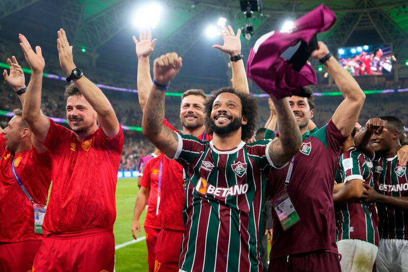 Fluminense's Marcelo, centre, celebrates after their Club World Cup semi-final victory against Al Ahly FC in Jeddah on Monday, December 18. AP