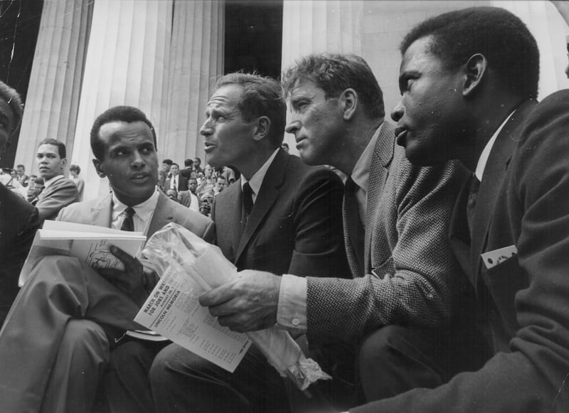 Actors, left to right, Harry Belafonte, Charlton Heston, Burt Lancaster and Sidney Poitier attending the March on Washington for Jobs and Freedom, a civil rights rally in Washington, in 1963. Getty Images