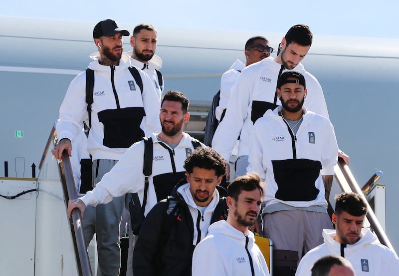 PSG's Gianluigi Donnarumma, Sergio Ramos, Lionel Messi, Neymar, Marquinhos and other teammates arrive in Riyadh ahead of their friendly against Cristiano Ronaldo's Saudi All-Star XI on Thursday. Reuters