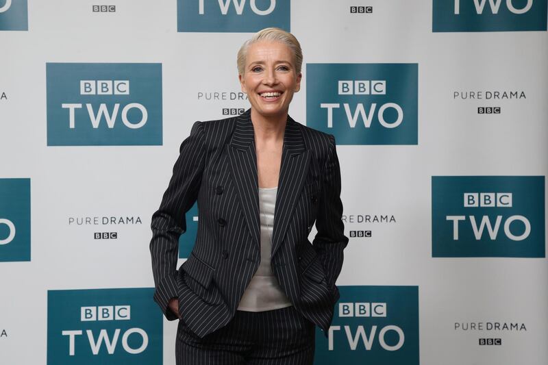 FILE - In this March 28, 2018 file photo, Emma Thompson appears at a screening of "King Lear" in central London. In a letter to Skydance Media, Thompson outlined why she was withdrawing from the animated film â€œLuckâ€ and refused to work with the former Pixar executive John Lasseter. (Photo by Joel C Ryan/Invision/AP, File)