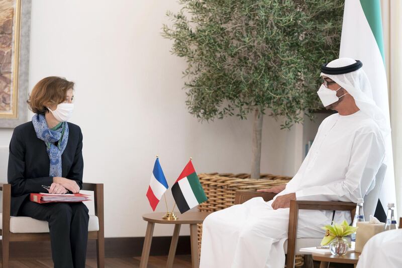 ABU DHABI, UNITED ARAB EMIRATES - December 01, 2018: HH Sheikh Mohamed bin Zayed Al Nahyan, Crown Prince of Abu Dhabi and Deputy Supreme Commander of the UAE Armed Forces (R), meets with HE Florence Parly, Minister of the Armed Forces of France (L), at Al Shati Palace.

( Hamad Al Mansoori / Ministry of Presidential Affairs )
---