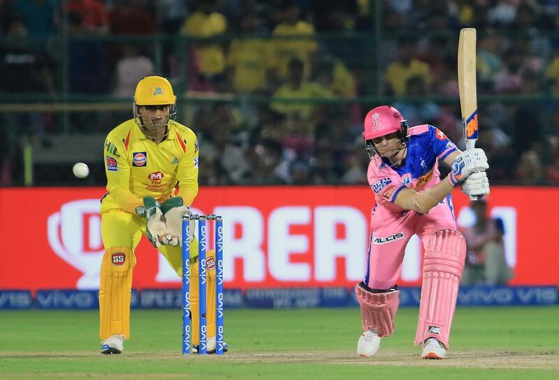 Rajasthan Royals' Steve Smith bats during the VIVO IPL T20 cricket match between Rajasthan Royals and Chennai Super Kings in Jaipur, India, Thursday, April 11, 2019. (AP Photo/Vishal Bhatnagar)