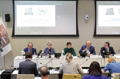 Lithuania's prosecutor general Nida Grunskiene (2nd L) Ukraine's top prosecutor Iryna Venediktova (C), International Criminal Court prosecutor Karim Khan (2nd R) and Eurojust president Ladislav Hamran (R) at a press conference.  Reuters