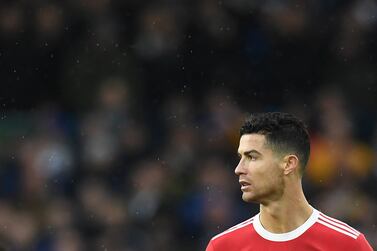 Manchester United's Portuguese striker Cristiano Ronaldo reacts during the English Premier League football match between Leeds United and Manchester United at Elland Road in Leeds, northern England on February 20, 2022.  (Photo by Paul ELLIS / AFP) / RESTRICTED TO EDITORIAL USE.  No use with unauthorized audio, video, data, fixture lists, club/league logos or 'live' services.  Online in-match use limited to 120 images.  An additional 40 images may be used in extra time.  No video emulation.  Social media in-match use limited to 120 images.  An additional 40 images may be used in extra time.  No use in betting publications, games or single club/league/player publications.   /  