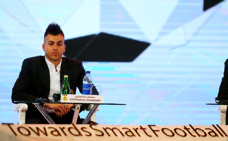 AC Milan striker Stephan El Shaarawy speaks during a panel discussion at the 9th Dubai International Sports Conference on December 28, 2014 in Dubai. AFP PHOTO/MARWAN NAAMANI