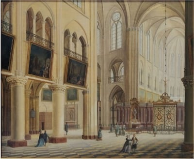The artworks donated to Notre Dame every May were hung on the nave pillars. Photo: Société des amis de Notre-Dame de Paris