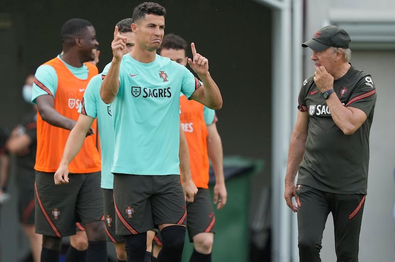 Cristiano Ronaldo with teammates during Portugal's training session at the Illovszky Rudolf Stadium in Budapest. EPA