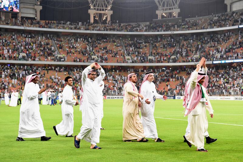 JEDDAH, SAUDI ARABIA - SEPTEMBER 05:  Saudi Arabia royals family members celebrate their 1-0 victory and quaification for the FIFA World Cup Russia after the FIFA World Cup qualifier match between Saudi Arabia and Japan at the King Abdullah Sports City on September 5, 2017 in Jeddah, Saudi Arabia.  (Photo by Kaz Photography/Getty Images)