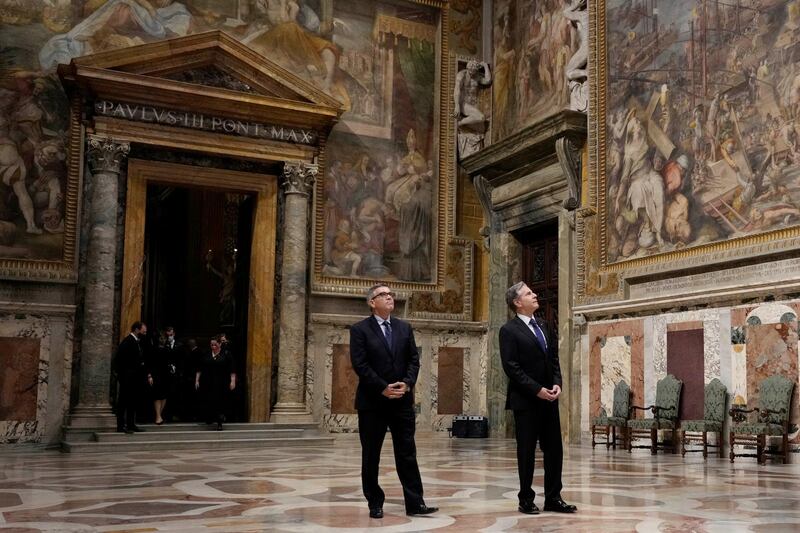U.S. Secretary of State Antony Blinken, visits the Regia hall ahead of his meeting with Pope Francis at the Vatican. Reuters