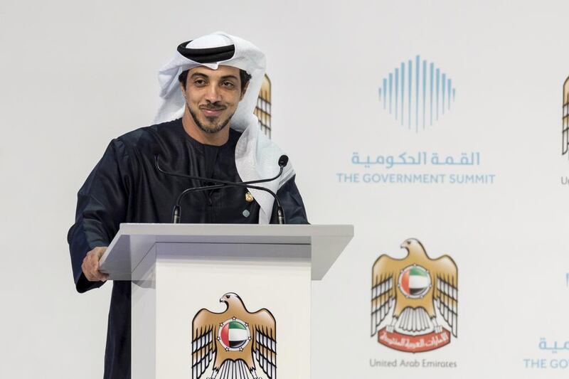 Sheikh Mansour bin Zayed, Deputy Prime Minister and Minister of Presidential Affairs, announced at the Government Summit a seven-point scheme to nurture science and innovation in the UAE’s education system. Reem Mohammed / The National
