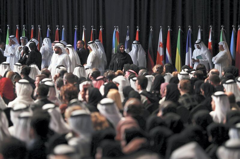 DUBAI , UNITED ARAB EMIRATES , FEB 11  – 2017 :- Delegates on the first day of World Government Summit 2018 held at Madinat Jumeirah in Dubai. ( Pawan Singh / The National ) For News