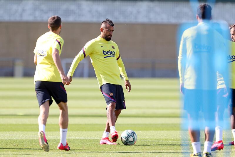 Arturo Vidal  plays the ball during a training session at Ciutat Esportiva Joan Gamper. Getty
