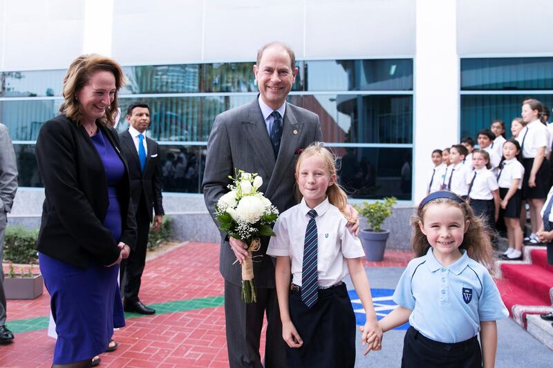 DUBAI, UNITED ARAB EMIRATES - March 23 2019.

His Royal Highness The Prince Edward, Earl of Wessex; Chair of The Duke of Edinburgh’s International Award Foundation is greeted by GEMS Wellington School students.

The Duke of Edinburgh’s International Award held its first ever UAE Gold Award Ceremony. Hosted by GEMS Wellington International School, 29 young people from eight schools were recognised and presented with the top international honour, receiving their Gold Award from His Royal Highness The Prince Edward, Earl of Wessex; Chair of The Duke of Edinburgh’s International Award Foundation.

 (Photo by Reem Mohammed/The National)

Reporter: 
Section:  NA