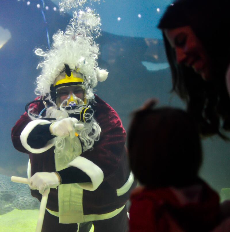 A scuba-diving Santa waves to a visitor on the other side of the glass. Courtesy Flickr / Erik Drost 