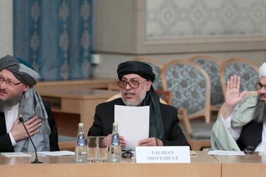  Representatives of the Afghan Taliban movement (L-R) Mullah Abdul Salam Hanafi, Sher Mohammad Abbas Stanikzai and Mullah Shahabuddin Delawar attend the Afghanistan peace settlement talks  in Moscow, Russia, 09 November 2018. EPA