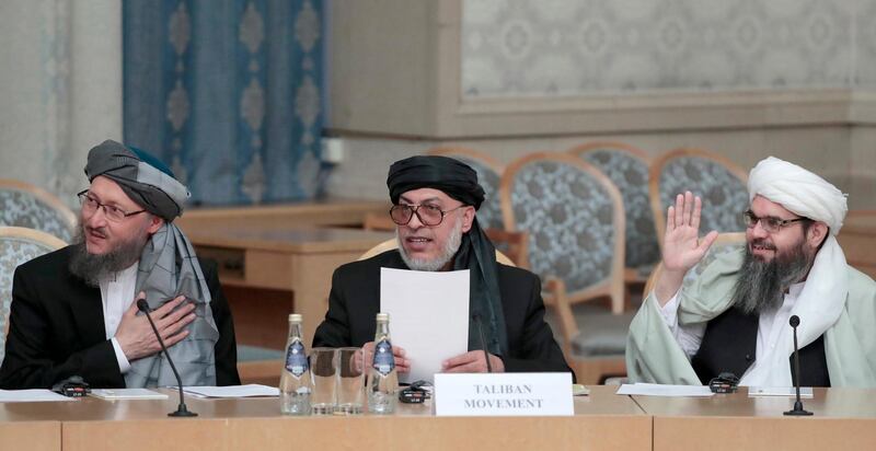epa07349793 (FILE) - Representatives of the Afghan Taliban movement (L-R) Mullah Abdul Salam Hanafi, Sher Mohammad Abbas Stanikzai and Mullah Shahabuddin Delawar attend the Afghanistan peace settlement talks on the level of deputy foreign ministers in Moscow, Russia, 09 November 2018 (reissued 07 February 2019). Media reports, quoting Taliban official Abdul Salam Hanafi, state that the US had promised the Taliban -- on the sidelines of a meeting between the Taliban and Afghan figures in Moscow -- to withdraw 50 percent of its troops from Afghanistan by the end of April. The US military denied an immediate troop withdrawal saying that no timeframe had been set, media added. The withdrawal of foreign troops from Afghanistan was said to be a prerequisite for peace that Taliban leaders repeated during talks in Moscow.  EPA/SERGEI CHIRIKOV