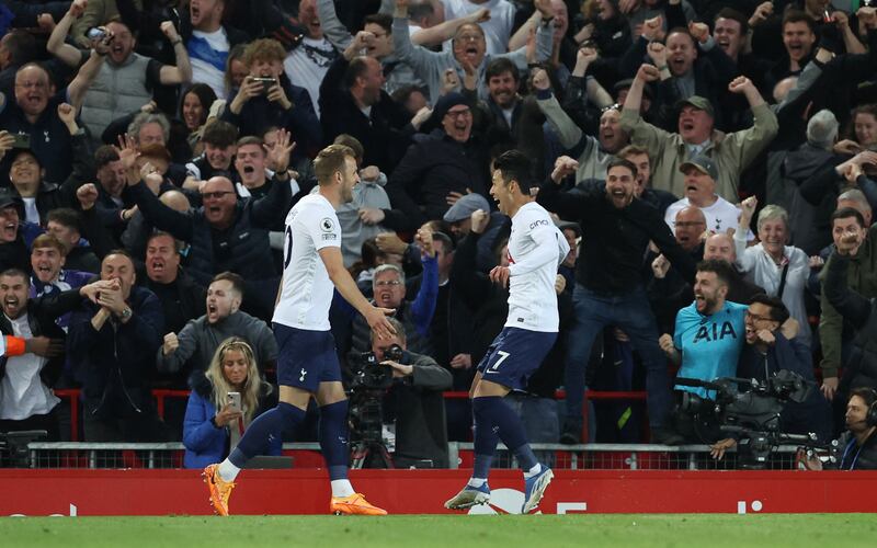 Son Heung-min celebrates scoring Tottenham's first goal with Harry Kane. Reuters