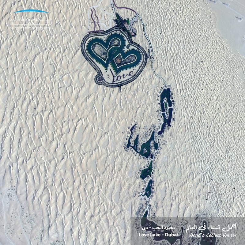 Dubai's man-made Love Lake, captured by KhalifaSat satellite. Photo: Mohammed Bin Rashid Space Centre