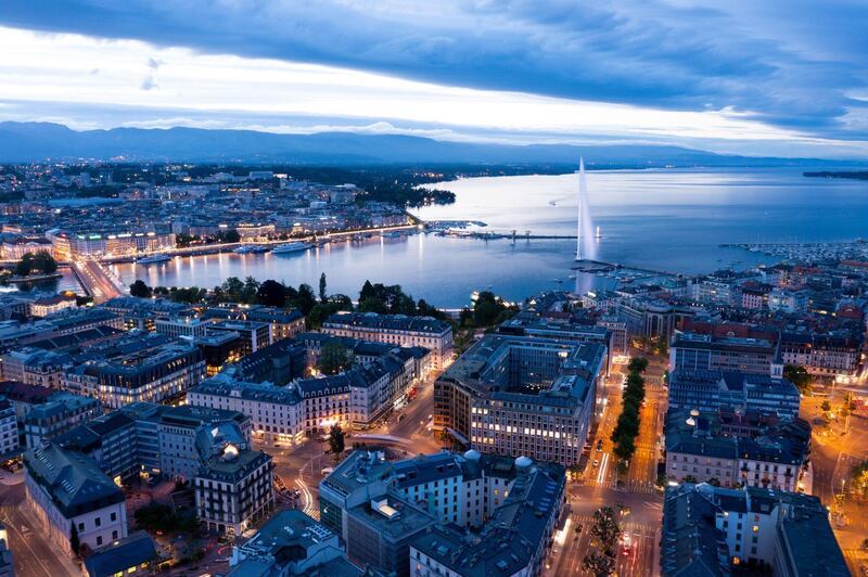 Aerial night view of Geneva city, Switzerland. Alamy