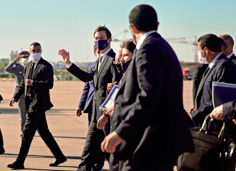 A handout picture released by the US Embassy in Morocco, shows US Presidential Adviser Jared Kushner waving his hand in greeting upon arrival to Morocco's capital Rabat on the first Israel-Morocco direct commercial flight, marking the latest US-brokered diplomatic normalisation deal between the Jewish state and an Arab country. AFP