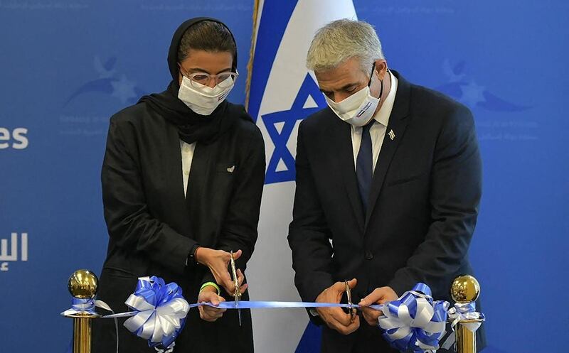 Minister of Culture and Youth Noura Al Kaabi and Israeli Foreign Minister Yair Lapid during the inauguration of the Israeli embassy in Abu Dhabi. AFP