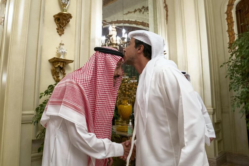 RIYADH, SAUDI ARABIA - April 16, 2019: HH Sheikh Mansour bin Zayed Al Nahyan, UAE Deputy Prime Minister and Minister of Presidential Affairs (R) greets HM King Salman Bin Abdulaziz Al Saud of Saudi Arabia and Custodian of the Two Holy Mosques (L), at Irqah Palace.

( Mohamed Al Hammadi / Ministry of Presidential Affairs )
---