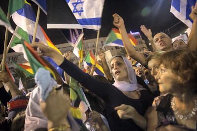 A file photo from August 4,,2019-Tens of thousands protest against the nation-state law at a rally organised by the Druze community, Tel Aviv, Israel, 2018.Thousands of Israeli Druze traveled to Tel Aviv's Rabin Square waving flags and chanting that they need equality .Protesters called for the country to endorse the Declaration of Independence and waved signs emblazoned with statements such as "If we are brothers we must be equals," "Our force is in our unity Ð the nation-state law differentiates between us."(Photo by Heidi Levine/Sipa Press).//LEVINE_6U8A9007/Credit:Heidi Levine/SIPA/1808042322 *** Local Caption *** 00870417