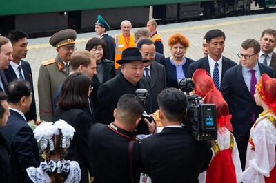 North Korean leader Kim Jong Un (C) takes part in a welcoming ceremony at a railway station in the far eastern settlement of Khasan, Russia April 24, 2019. Press Service of Administration of Primorsky Krai/Alexander Safronov/Handout via REUTERS  ATTENTION EDITORS - THIS IMAGE WAS PROVIDED BY A THIRD PARTY. NO RESALES. NO ARCHIVES.