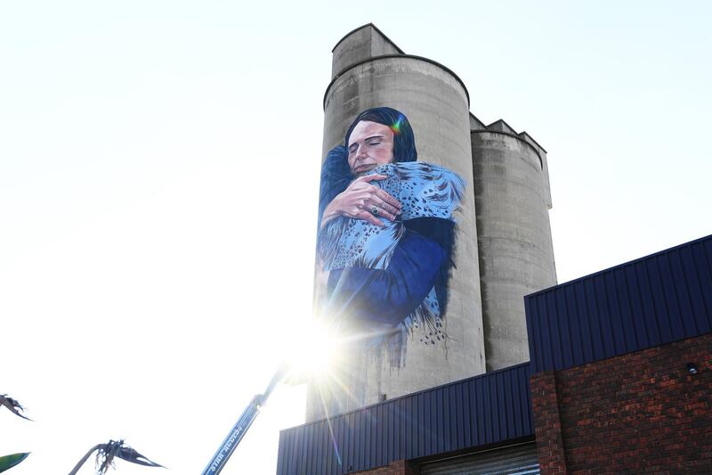 The progress of a mural by street artist Loretta Lizzio depicting New Zealand's Prime Minister Jacinda Ardern embracing a woman in the wake of the Christchurch mosque shootings, in Brunswick, Melbourne, Victoria, Australia, 17 May 2019. EPA