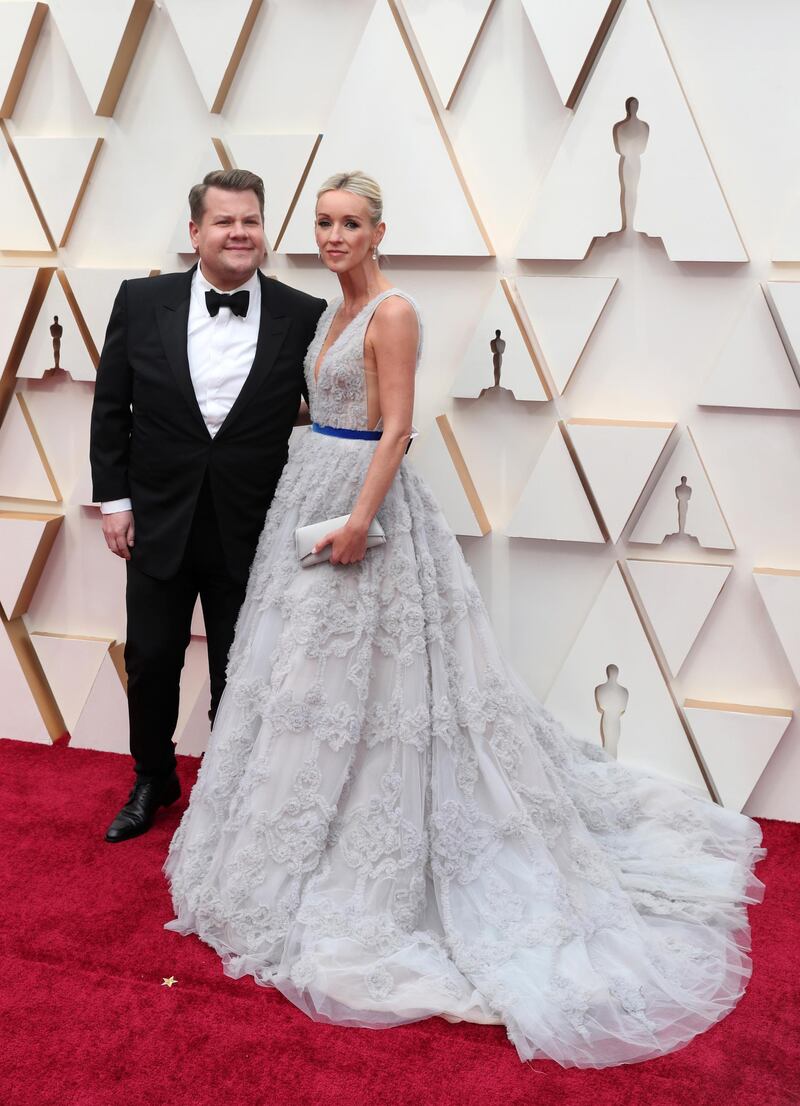James Corden and Julia Carey arrive at the Oscars on Sunday, February 9, 2020, at the Dolby Theatre in Los Angeles. EPA