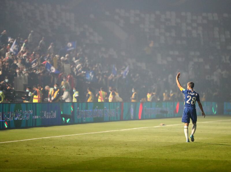 Chelsea captain Cesar Azpilicueta celebrates after beating Palmeiras in the Fifa Club World Cup final at the Mohammed bin Zayed Stadium in Abu Dhabi on Febraury 12, 2022. Chris Whiteoak / The National