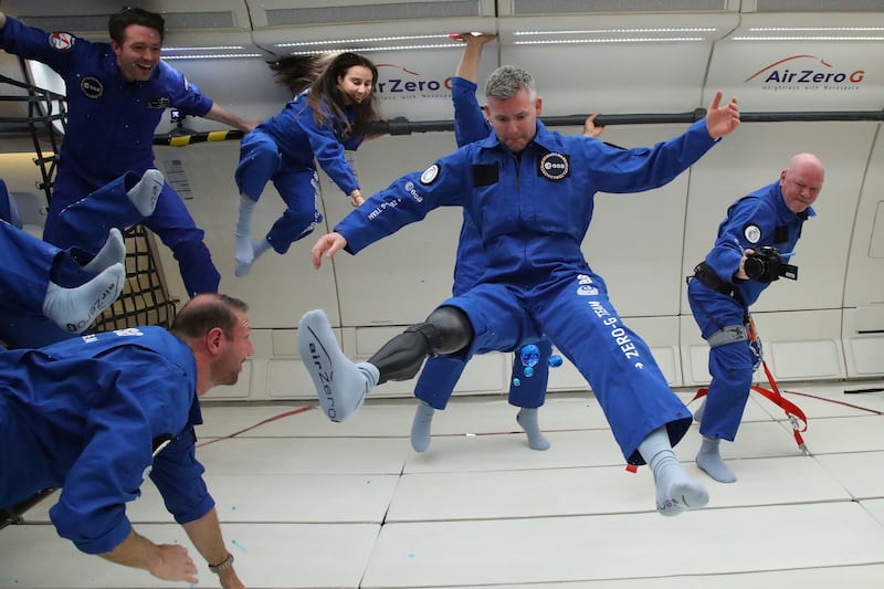 John McFall during a zero-gravity flight. The British astronaut plans to pass tests in 2024 to become the first physically disabled person in space. ESA/NOVESPACE
