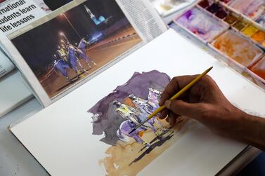 DUBAI , UNITED ARAB EMIRATES , May 14 – 2020 :- Artist Atul Panase making painting from the photo published in The National newspaper at his home studio in Deira Dubai. He is from India and based in Dubai for more than two decades. He was one of curators for World Art Dubai in 2017 and 2018. He is also the UAE Country Leader since last 5 years for the team of watercolorists for FabrianoInAcquarello and UrbinoInAcquerello international watercolor festivals which happen annually in Italy. He started the art activity #pickanypicandpaint from the newspaper during the stay home era in the UAE because of COVID 19 pandemic. In this art activity which is trending with the hash tag #pickanypicandpaint involves more than 80 artists locally and internationally so far as the number is growing day by day. People here and also from other countries are participating and painting from the piece of newspapers. (Pawan Singh / The National) For Arts & Life/Online/Instagram. Story by Katy Gillett
