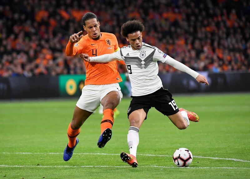 Virgil van Dijk of Liverpool in action for Holland against Germany's Leroy Sane of Manchester City.  Sane scored as Germany ran out 3-2 winners. Reuters