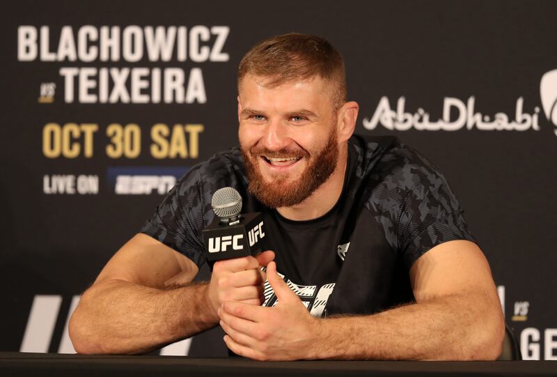 UFC light heavyweight champion Jan Blachowicz speaks to reporters at Hilton Hotel, Yas Island, about his upcoming bout against Glover Teixeira in the headline bout at UFC 267 in Abu Dhabi. All photos Chris Whiteoak / The National