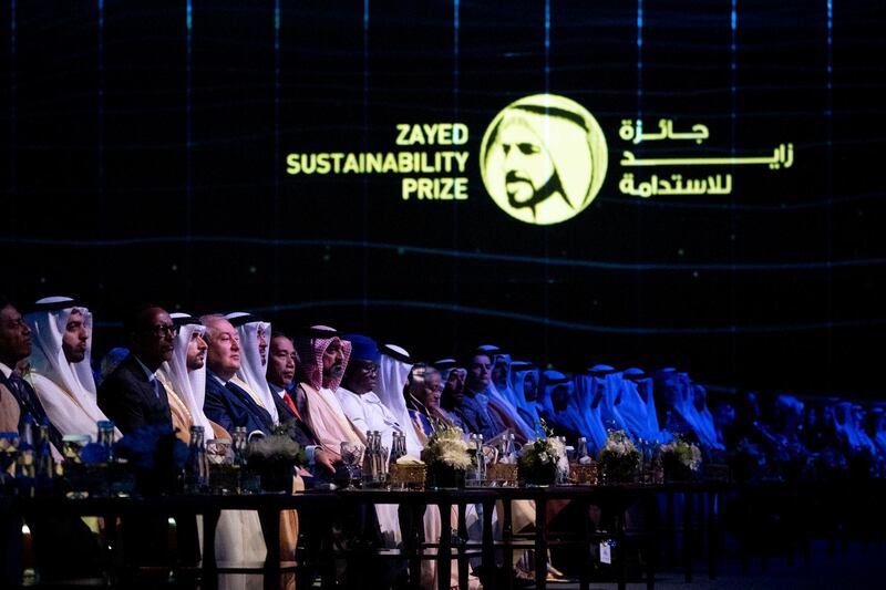 ABU DHABI, UNITED ARAB EMIRATES - January 13, 2020: (L-R) HE Danny Faure, President of the Seychelles, HH Sheikh Mohamed bin Saud bin Saqr Al Qasimi, Crown Prince and Deputy Ruler of Ras Al Khaimah, HE Paul Kagame, President of Rwand, HH Sheikh Hamdan bin Mohamed Al Maktoum, Crown Prince of Dubai, HE Armen Sarkissian, President of Armenia, HH Sheikh Mohamed bin Zayed Al Nahyan, Crown Prince of Abu Dhabi and Deputy Supreme Commander of the UAE Armed Forces, HE Joko Widodo, President of Indonesia, HH Sheikh Ammar bin Humaid Al Nuaimi, Crown Prince of Ajman and HE Julius Maada Bio, president of Sierra Leone, attend the opening ceremony of the World Future Energy Summit 2020, part of Abu Dhabi Sustainability Week, at Abu Dhabi National Exhibition Centre (ADNEC).

( Hamad Al Kaabi  / Ministry of Presidential Affairs )
---