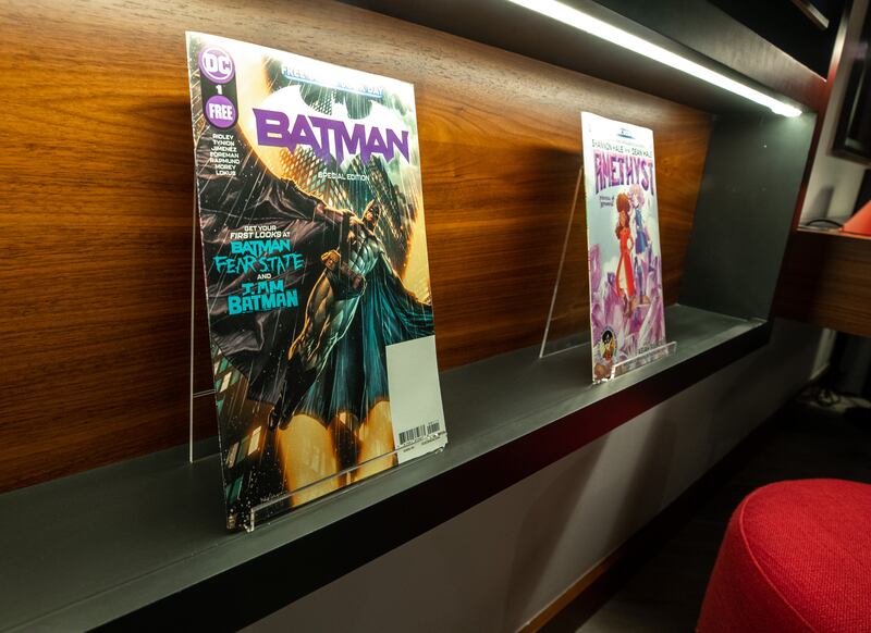 The hotel not only features film and TV show memorabilia but also comic books