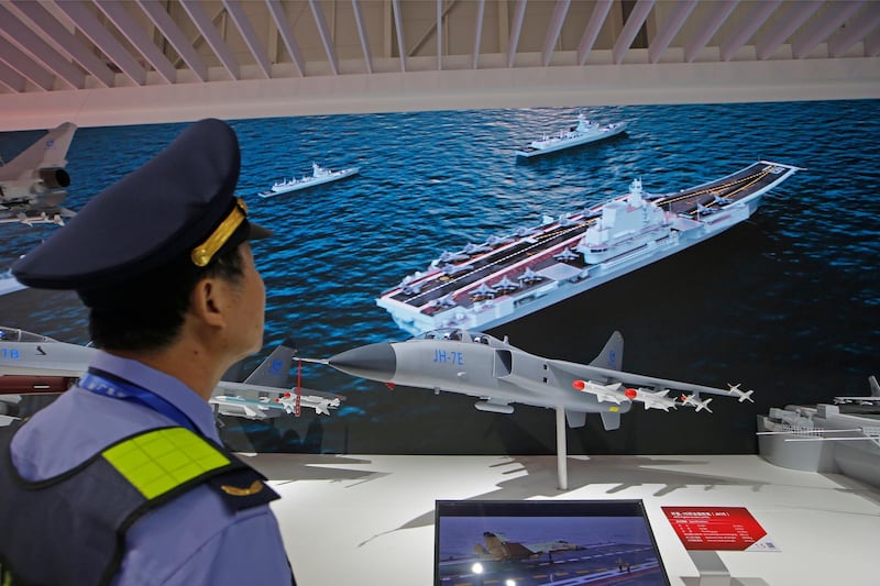 A model of Chinese JH7E fighter-bomber is displayed during the 12th China International Aviation and Aerospace Exhibition. AP Photo