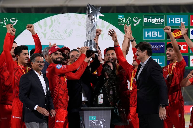 Islamabad United players celebrate their two-wicket win over Multan Sultans in the 2024 PSL final. AP