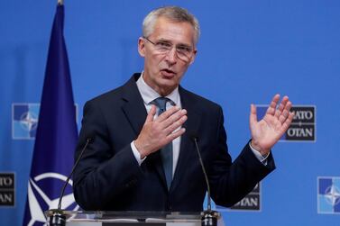 NATO Secretary General Jens Stoltenberg speaks during a media conference after a meeting with Lithuanian Prime Minister Ingrida Simonyte at NATO headquarters in Brussels, Thursday, June 3, 2021. (Stephanie Lecocq, Pool via AP)