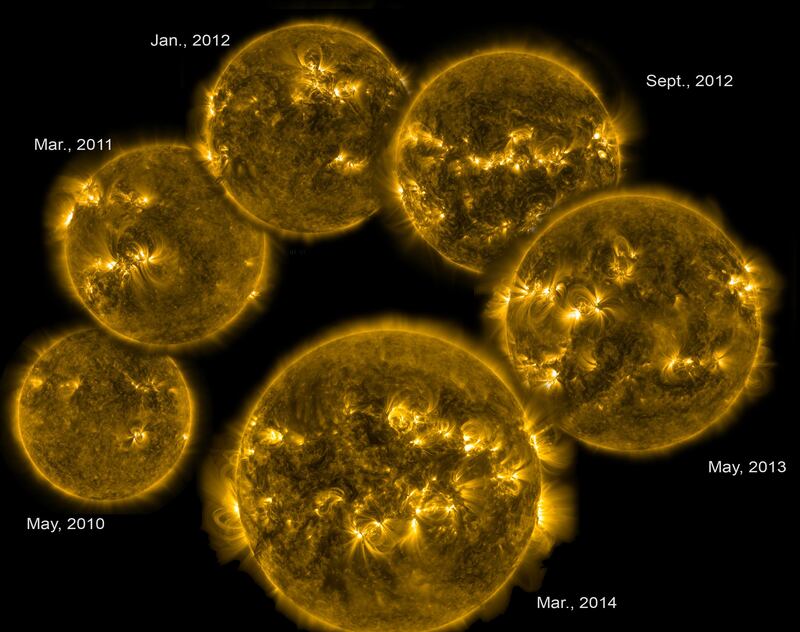 Solar maximum is the regular period of greatest solar activity in the sun's 11-year solar cycle. NASA