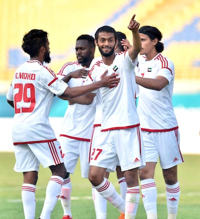 The UAE‚Äôs two-goal hero Zayed Al Ameri (#27) reacts after netting the first of his two goals. Courtesy UAEFA.
