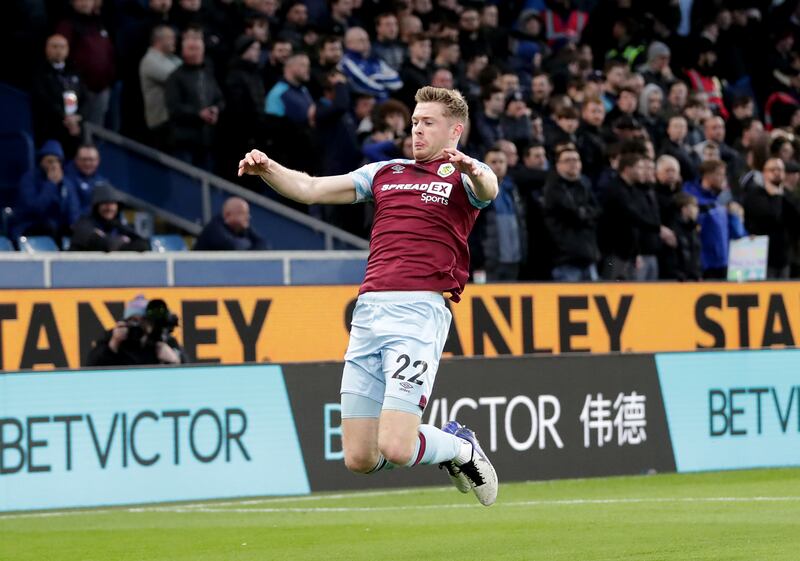 Burnley's Nathan Collins celebrates scoring his side's first goal at Turf Moor. PA
