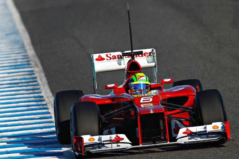 JEREZ DE LA FRONTERA, SPAIN - FEBRUARY 07:  Ferrari driver Felipe Massa of Brazil drives the new Ferrari 663 during Formula One winter testing at the Circuito de Jerez on February 7, 2012 in Jerez de la Frontera, Spain.  (Photo by Paul Gilham/Getty Images)